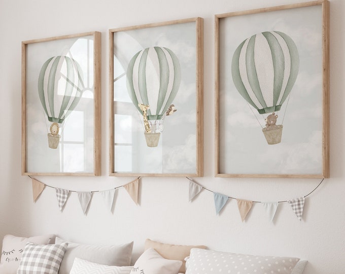 Set of 3 Hot Air Balloon Animals Prints, Nursery, Playroom, Children’s Poster, Girls Boys Bedroom, Kids Wall Art, A3 A4 Print