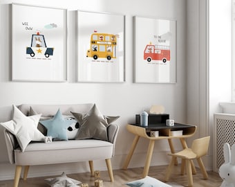 May include: A children's playroom with a gray couch, a wooden table and chair, and three framed prints of cartoon vehicles. The prints feature a police car, a double-decker bus, and a fire truck. The text on the prints reads "Wee Oww", "Charlie", and "To the Rescue".