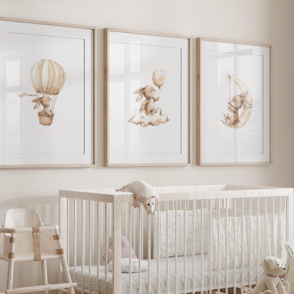 Neutrale kinderkamer muurkunst konijn set van 3 prints, beige konijn ballon maan babykamerdecor, genderneutrale kinderkamer