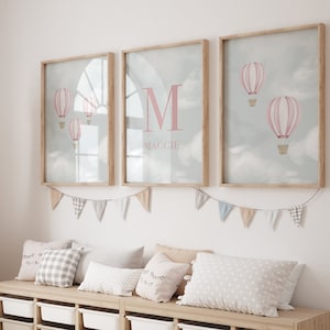 Conjunto de 3 impresiones de animales en globo aerostático, guardería, sala de juegos, póster para niños, dormitorio para niñas y niños, arte de pared para niños, impresión A3 A4