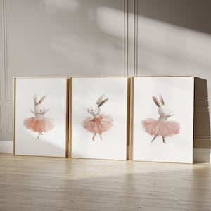 Conjunto de 3 estampas de berçário de balé para meninas, coelhinhos em tutus rosa para quarto de meninas, sala de jogos ou berçário, estampas de berçário de balé
