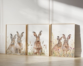 Watercolour hare prints, Hare Watercolour Art, Set of three prints, Farmhouse Spring Wildflower,  Bunny Rabbit Print, Country home decor