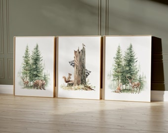 Art de pépinière de forêt, pépinière d'aquarelle, renard d'ours de cerf, pépinière de forêt, ensemble de trois estampes de chambre de bébé, art de pépinière de forêt, estampes de forêt