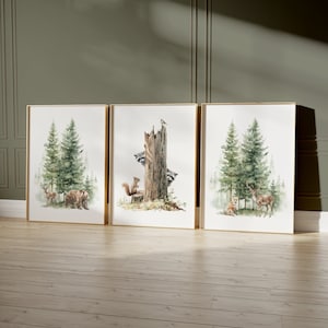 Woodland Nursery art, watercolor nursery, deer bear fox, woodland nursery, Set of three nursery prints, Woodland nursery art, Forest prints
