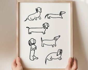 Minimalist Dachshund Line Art Print – Modern Dog Wall Art, Sausage Dog Illustration, Pet Lover Gift, Black and White Home Decor