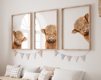 Peeking Highland Cow Nursery Print, Highland Cow Nursery Decor, Highland Cow Gift Kids Farm Bedroom Wall Decor, Watercolor Cow Digital Print