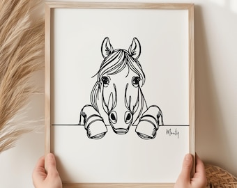 馬の線画アートプリント - 馬好きの方へのミニマリストな馬のアートワークギフト
