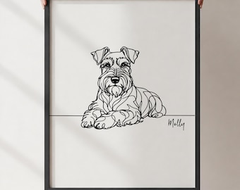 May include: A framed wall art print featuring a black continuous line drawing of a Schnauzer dog resting on a horizontal line. The name Molly is written in cursive script to the right of the dog. The artwork is set against a white background.