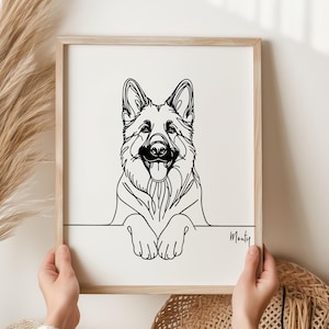 Impression numérique personnalisée de berger allemand, contour de chien de berger allemand, dessin d'art de ligne de berger allemand, cadeau commémoratif de berger allemand