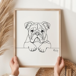 Impression numérique personnalisée bouledogue, contour de chien bouledogue, dessin d'art au trait bouledogue, cadeau commémoratif bouledogue, bouledogue minimaliste