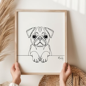 Gepersonaliseerde digitale print pug, overzicht pug hond, pug lijntekeningen tekening, pug herdenkingscadeau, minimalistische pug, gepersonaliseerde hond