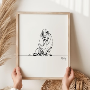 Impression numérique personnalisée de Basset Hound, contour de chien de Basset Hound, dessin d'art de ligne de Basset Hound, cadeau commémoratif de Basset Hound