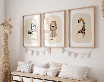 Safari Nursery Wall Prints, Nursery Decor, Boho Nursery Prints, Set of 3 Prints, Beige Nursery Prints, Nursery Wall Art, Neutral Nursery Art
