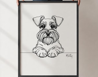 May include: A framed wall art print featuring a black continuous line drawing of a Schnauzer dog on a white background. The dog is depicted from the chest up with its paws resting on a horizontal line. The name Molly is written in cursive script.