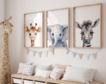 Estampas de berçário de animais de bebê Safari, conjunto de 3, estampas de berçário de animais de bebê, arte de parede de berçário, estampas de animais para berçário, presente de Natal, Safari