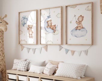 Arte de la pared del vivero del oso de peluche, impresiones de la guardería, decoración del vivero del oso de peluche, vivero del oso de peluche beige, luna de la nube de las estrellas, conjunto de 3