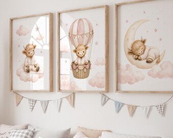 Highland Cow Nursery Decor Set of 3 Prints, Baby Animal Nursery Wall Art, Neutral Farmhouse Nursery, Pink Blue Beige Sage Green, Unframed