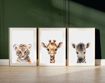 Estampas de berçário de animais de bebê Safari, conjunto de 3, estampas de berçário de animais de bebê, arte de parede de berçário, estampas de animais para berçário, presente de Natal, Safari