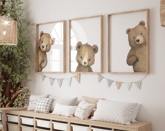 Peeking Bear Nursery Print, Peekaboo Bear Nursery Decor, Neutral Nursery Decor, Baby Bear Nursery Wall Art, Woodland Nursery Digital Prints