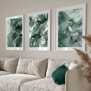 Green Wall Art, Green & Gold Lounge Wall Prints, Marble Wall Prints, Set van 3 Prints, Green Wall Decor, Abstract Wall Art, Moderne Kunst
