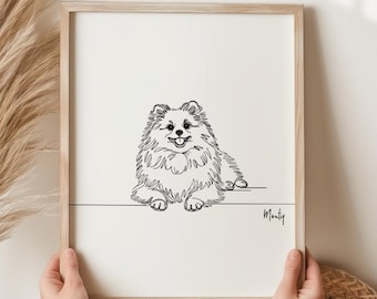 ポメラニアン犬 ペンとインクの絵 ミニマリストの犬のスケッチ モダン