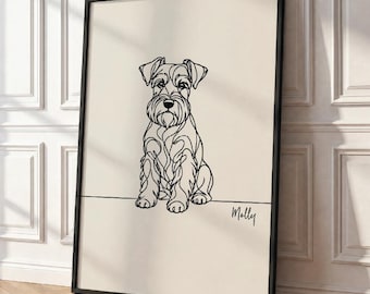 May include: A framed wall art print featuring a black continuous line drawing of a Schnauzer dog sitting on a horizontal line. The background is a solid cream colour, and the name Molly is written in black cursive script below the dog.
