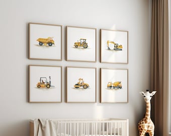 Bouwvoertuigafdrukken, blauwafdrukken, jongenskinderdagverblijfdecor, bouwdecor, bouwvrachtwagens, autoafdrukken jongenskamer, automuurkunst
