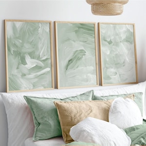 Set of 3 Sage Green Wall Art, Minimalist Modern Bedroom Living Room Wall Decor, Abstract Green, Brush Stroke Art, Sage Green Prints