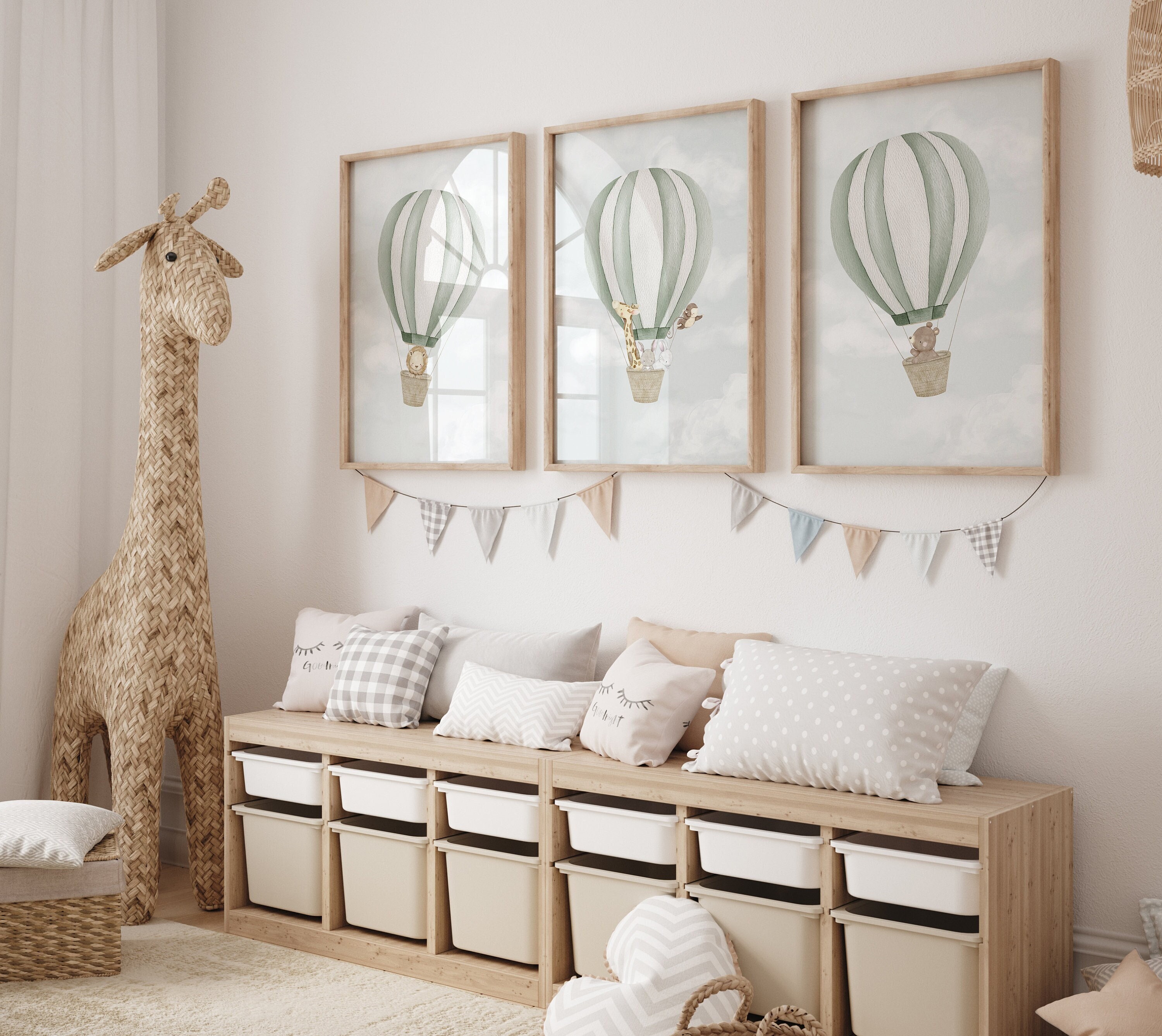 Set of 3 Hot Air Balloon Animals Prints, Nursery, Playroom, Children’s Poster, Girls Boys Bedroom, Kids Wall Art, A3 A4 Print