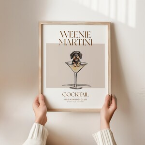 Martini and Weenies poster, Bar Cart Art, Sausage Dog Art, Daschund Art, Dog Poster, Long haired Dachshund Gift Wirehaired
