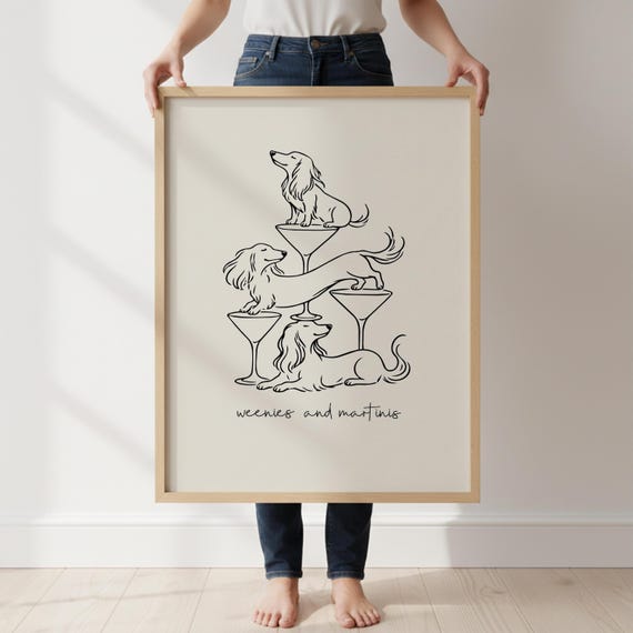 Long Haired Dachshund Martini Print | Wiener Dog Cocktail Wall Art | Funny Doxie Kitchen Decor | Minimalist Dog Lover Poster | Unframed