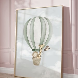 Impresión de globo aerostático, arte de pared de animales de safari, decoración de guardería vintage, arte de pared de viaje imprimible, decoración de habitación de niños y niñas, decoración de habitación de niños