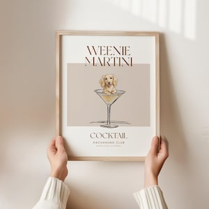 Martini and Weenies poster, Bar Cart Art, Sausage Dog Art, Daschund Art, Dog Poster, Long haired Dachshund Gift Cream (LH)