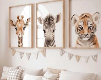 Láminas de safari para guardería, juego de 3, láminas de animales para guardería, arte de pared para guardería, láminas de animales para guardería, regalo de Navidad, safari