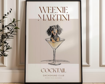 Martini and Weenies poster, Bar Cart Art, Sausage Dog Art, Daschund Art, Dog Poster, Long haired Dachshund Gift