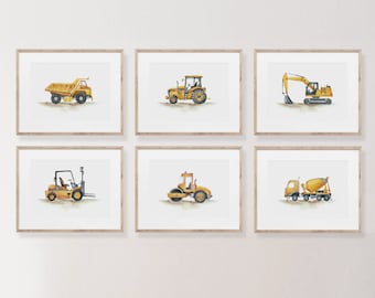 Bouwvoertuigafdrukken, blauwafdrukken, jongenskinderdagverblijfdecor, bouwdecor, bouwvrachtwagens, autoafdrukken jongenskamer, automuurkunst