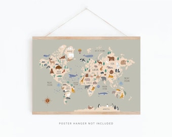Map of the world, Animal World Map Print, Kid's World map, Nursery Map, Educational Print, Nursery wall art, Kids Decor, Playroom Print