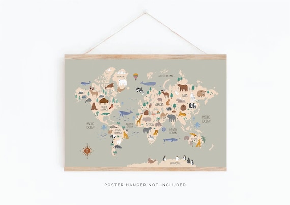 Map of the world, Animal World Map Print, Kid's World map, Nursery Map, Educational Print, Nursery wall art, Kids Decor, Playroom Print