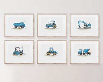Bouwvoertuigafdrukken, blauwafdrukken, jongenskinderdagverblijfdecor, bouwdecor, bouwvrachtwagens, autoafdrukken jongenskamer, automuurkunst