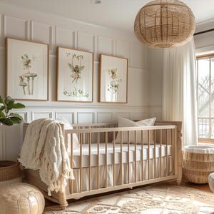 May include: A nursery with a light wood crib, a woven pendant light, and three framed watercolor prints of fairies. A woven basket and a potted plant are also in the room. The room has a neutral color palette.