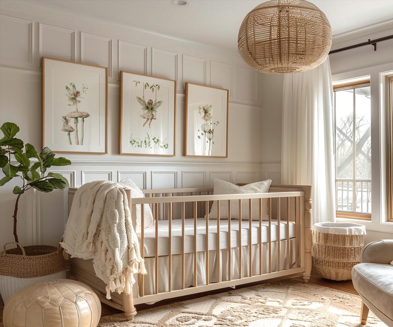 May include: A nursery with a light wood crib, a woven pendant light, and three framed watercolor prints of fairies. A woven basket and a potted plant are also in the room. The room has a neutral color palette.