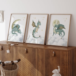 Set of 3 Dragon Nursery Wall Art Prints, Dragon Nursery Decor, Green ...