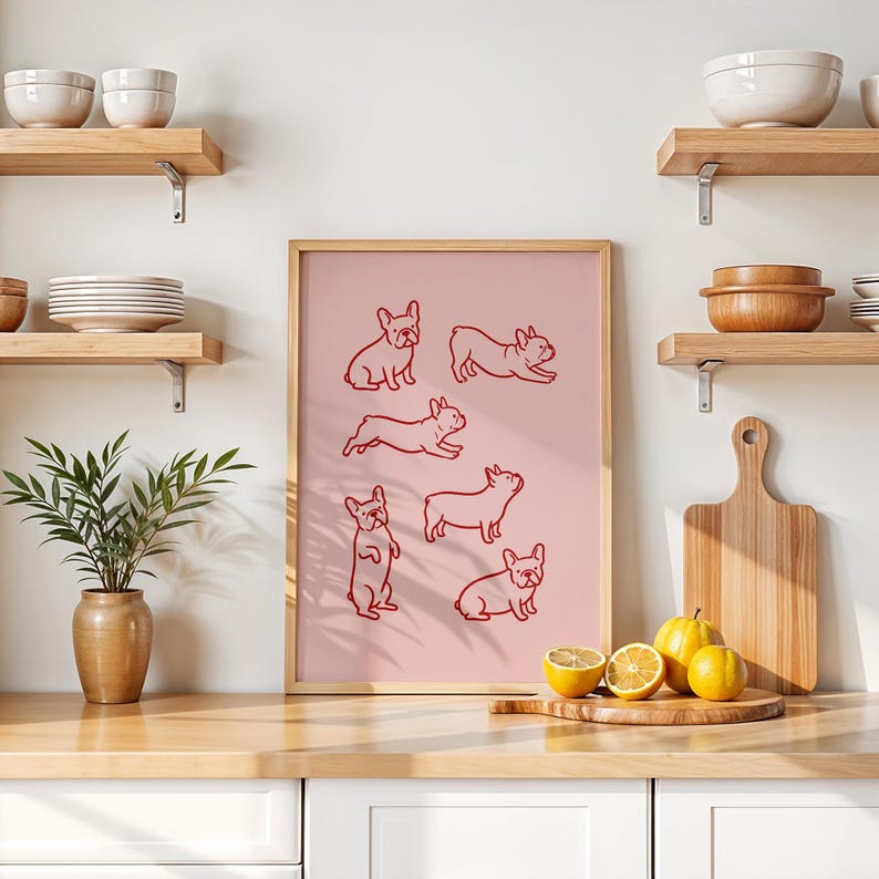 May include: A framed pink print featuring red line drawings of French Bulldogs in various poses. The artwork is displayed in a kitchen setting, with wooden shelves holding bowls and plates. A cutting board, lemons, and a plant in a vase are also visible.