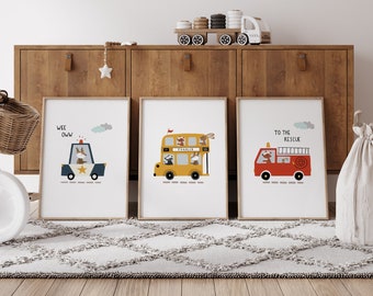 Set of 3 transport nursery prints, personalised nursery print, vehicle police bus fire, play room poster, boys room, children's bedroom