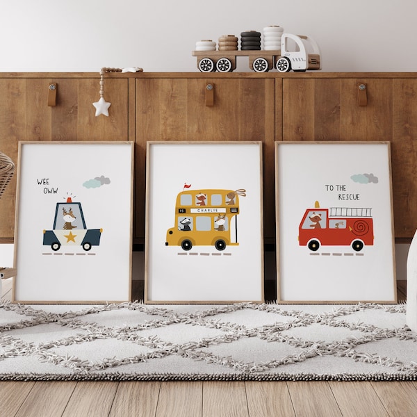 Conjunto de 3 impresiones de guardería de transporte, impresión personalizada de guardería, incendio de autobús de policía de vehículos, cartel de sala de juegos, habitación de niños, dormitorio de niños