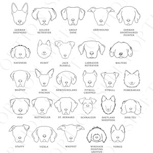 May include: Black and white line drawings of various dog breeds, including German Shepherd, Golden Retriever, Great Dane, Greyhound, German Shorthaired Pointer, Havanese, Husky, Jack Russell, Labrador Retriever, Maltese, Mastiff, Mini Pincher, Newfoundland, Pitbull Cropped, Pitbull, Pomeranian, Pug, Rottweiler, St. Bernard, Schnauzer, Shetland Sheepdog, Shih Tzu, Staffy, Vizsla, Whippet, Wirehair Pointing Griffon, and Yorkie.