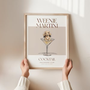 Martini and Weenies poster, Bar Cart Art, Sausage Dog Art, Daschund Art, Dog Poster, Long haired Dachshund Gift Shaded Cream (LH)