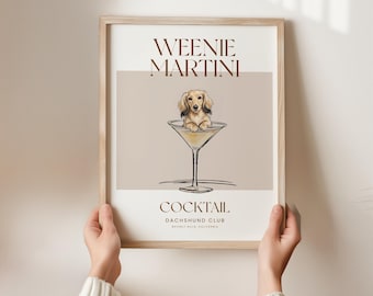 Martini and Weenies poster, Bar Cart Art, Sausage Dog Art, Daschund Art, Dog Poster, Long haired Dachshund Gift