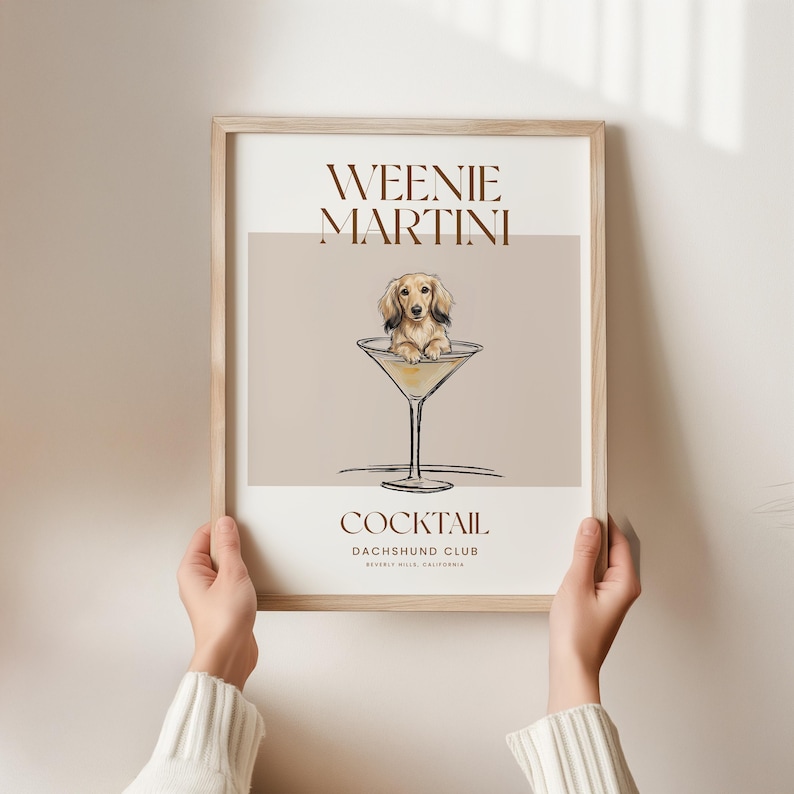 Martini and Weenies poster, Bar Cart Art, Sausage Dog Art, Daschund Art, Dog Poster, Long haired Dachshund Gift Shaded Cream (LH)