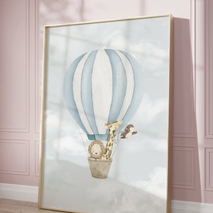 Blauer Heißluftballon Druck, Safari Tier Wandkunst, Vintage Kinderzimmer Dekor, druckbare Reise Wandkunst, Jungen Mädchenzimmer Dekor, Kinderzimmer Dekor